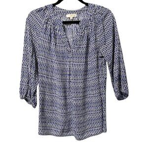 Kenar Blue Black white Patterned Blouse 3/4 Sleeve Elastic Cuff Women's Small
